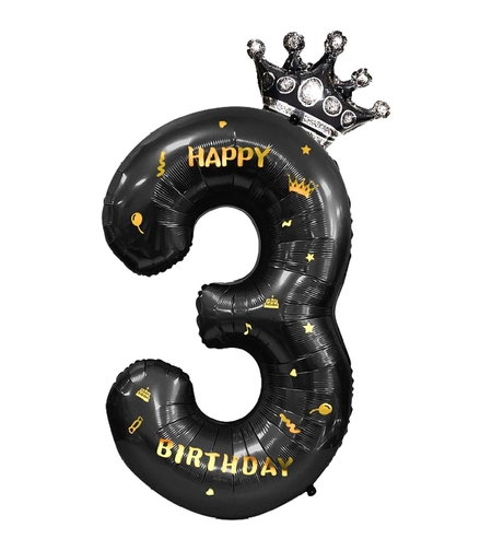 Balon din Folie Metalizata Flippy, Figurina Cifra si Coroana, Scris Happy Birthday, Tema Aniversare 100 cm, Ambalaj Individual, Pai inclus, Umflare cu Aer sau Heliu, Negru, Cifra 3