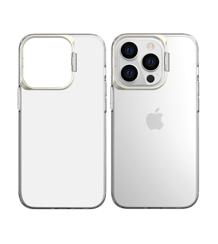 Husa de protectie pentru iPhone 14 Plus, cu suport metalic pentru camera, Bracket Series, Vafy, Protectie Antisoc, PC mat, silicon moale pe margini, Transparent