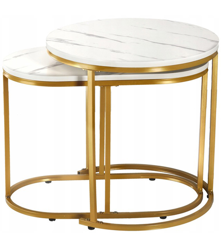 Set 2 mese pentru cafea, cadru otel, blat MDF model marmura, 50x50x50 cm si 60x32x44 cm, alb si auriu