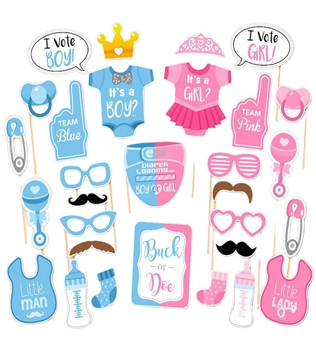 Set 30 de Accesorii pentru Petrecere, Vafy, Props pentru Coltul de Poze, Gender Reveal, Tematica Baby Shower, Albastru-Roz