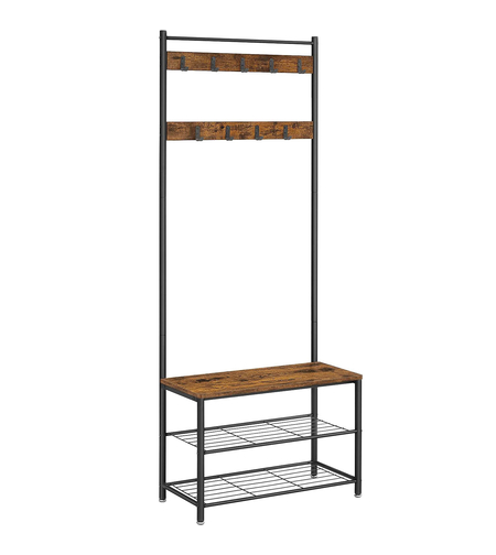 VASAGLE Cuier pentru haine cu banc de depozitare a pantofilor, cadru din otel, 32x70x177cm, industrial, maro rustic si negru