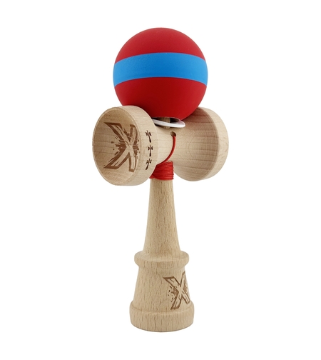 Kendama X Originala, Profesionala, Flippy, Cupe Mari KING SIZE V3, Rubber Grip, Gaura in Baza, Rulment Metalic, din lemn 18 cm, Ata 62/65 cm, M Bicolor Rosu/Albastru