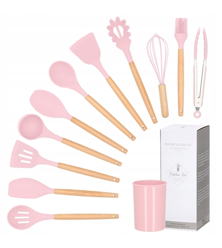 Set Sersimo 12 ustensile de bucatarie din silicon termorezistent si maner din bambus, roz