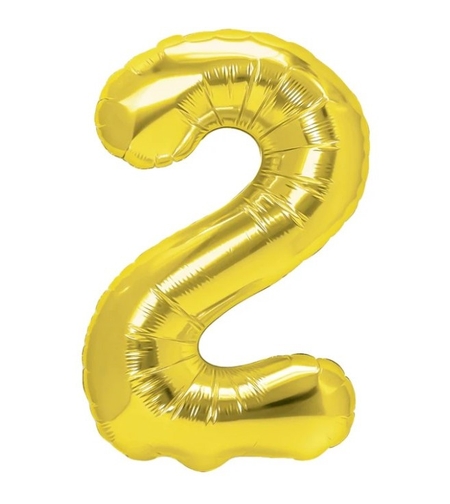 Balon din Folie Metalizata Flippy, Figurina Cifra, Tema Aniversare 40 cm, Ambalaj Individual, Pai inclus, Umflare cu Aer sau Heliu, Auriu, Cifra 2