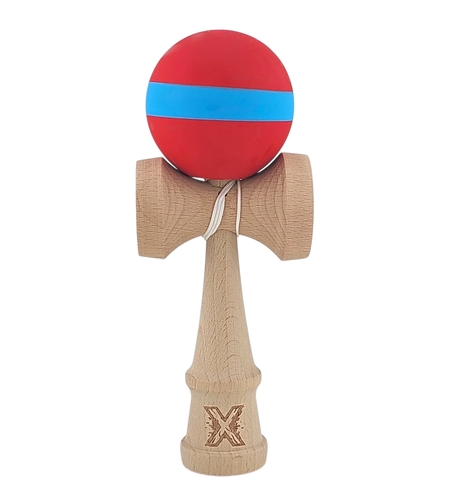 Kendama X Originala, Profesionala, Flippy, 18 cm, din Lemn, Rubber Grip, Rosu/Albastru