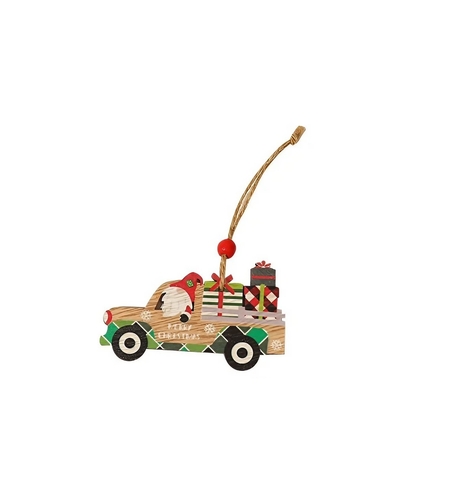 Decoratiune de Craciun din Lemn, Flippy, cu Snur pentru Agatare in Brad, Model Masina lui Mos Craciun, Scris Merry Christmas, 8x8x0.4 cm, Multicolor