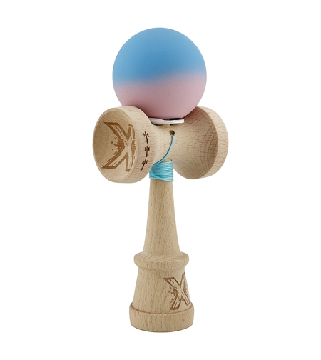 Kendama X Originala, Profesionala, Flippy, Rubber Grip, Cupe Mari KING SIZE V3, Gaura in Baza, Rulment Metalic, din lemn 18 cm, Ata 62/65 cm, Gradient Albastru/Roz