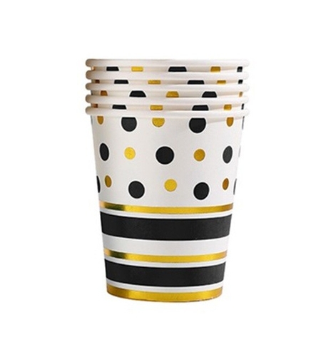 Set 10 Pahare, Flippy, Imprimeu cu Buline si Dungi, din Carton, 250 ml, 7.5 x 8.5 x 5.2 cm, Negru/Auriu