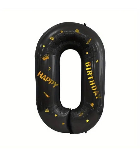 Balon din Folie Metalizata Flippy, Figurina Cifra, Scris Happy Birthday, Tema Aniversare 100 cm, Ambalaj Individual, Pai inclus, Umflare cu Aer sau Heliu, Negru, Cifra 0