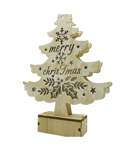 Decoratiune luminoasa, model de Brad cu inscriptie Marry Christmas, alb, lungime: 11 cm, latime: 5 cm, inaltime: 30 cm, lemn, interior/exterior