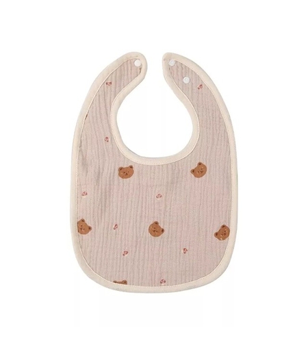 Baveta in Forma de U, Flippy, din Bumbac, pentru Copii 0-12 Luni, Rezistenta la Apa, cu Capse, Model cu Ursuleti, 21x30 cm, Bej