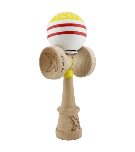 Kendama X Originala CHICANOS, Profesionala, Flippy, Cupe Mari KING SIZE V3, Super Sticky, Gaura in Baza, Rulment Metalic, din lemn 18 cm, Ata 62/65 cm, Galben/Alb