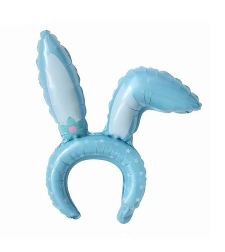 Balon din Folie Metalizata, Flippy, Tip Coronita cu Urechi, Model Iepure, Ambalaj Individual, Pai Inclus, Umflare cu Aer sau Heliu, 38 x 45 cm, Albastru