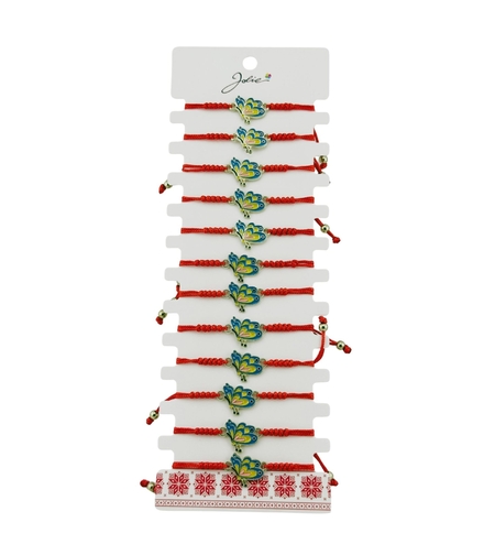 Martisor Bratara pentru Dama si Copii, Jolie, Model Fluture Albastru cu Galben, Set 12 bucati, Pandantiv Emailat, Snur Reglabil, Rosu