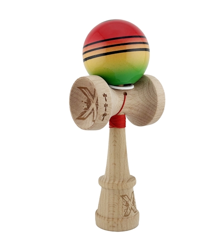 Kendama X Originala, Profesionala, Flippy, Super Sticky cu Cupe Mari KING SIZE V3, Gaura in Baza, Rulment Metalic, din lemn 18 cm, Ata 62/65 cm, Special Rosu/Verde