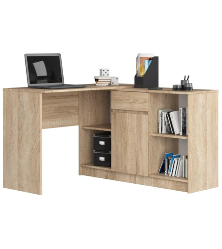 Birou de colt cu sertar, usa si 6 rafturi, PAL laminat 16 mm, 120x126x79 cm, stejar sonoma