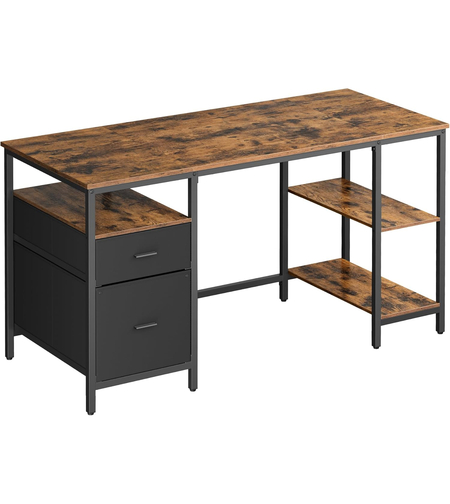 VASAGLE Birou calculator cu 3 rafturi si 2 sertare, cadru metalic, stil industrial, 140x60x76 cm, maro rustic