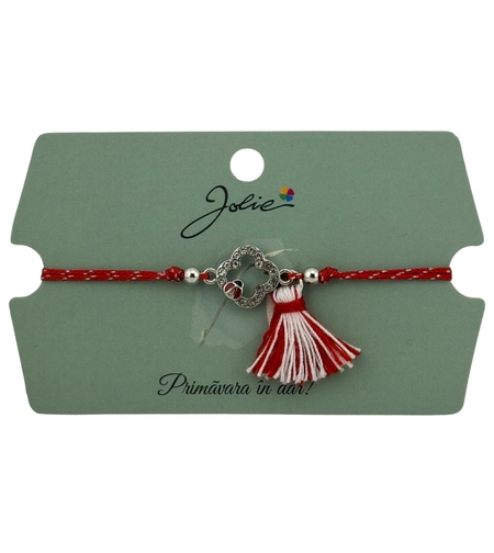 Martisor Bratara Ciucure, Jolie, Snur Rosu Reglabil, cu Pandantiv, Model Floare-Buburuza