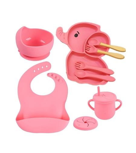 Set 10 Piese Servire Masa. Flippy, pentru Bebelusi si Copii, din Silicon/Lemn, cu Ventuze Anti-alunecare, fara Alergeni. +6 Luni, Model Elefant, Roz