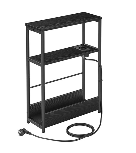 VASAGLE Masuta ingusta cu priza si porturi de incarcare USB, 3 rafturi, 45x18x58 cm, negru