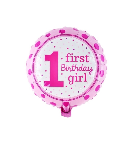 Balon din Folie Metalizata, Vafy, Prima Aniversare, Model First Birthday Girl, 45 cm, Ambalaj Individual, Pai Inclus, Umflare cu Aer sau Heliu, Roz