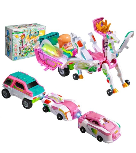 Jucarie Transformer Magnetica 3 in 1 Mars Deer Cosmic Planet, Flippy, 3 Masini Care se Transforma in Pegas Inaripat, Atractie Magnetica, 3+ Ani, din ABS, Roz