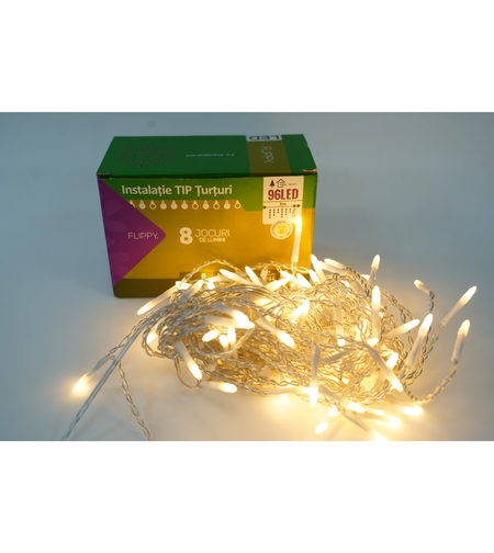 Sectiune Instalatie de Craciun Vafy® Tip Turturi, 8 jocuri de lumini 3 m, 96 LED-uri, Interconectabila, Fir Transparent, Alb Cald, Atentie! nu contine alimentator