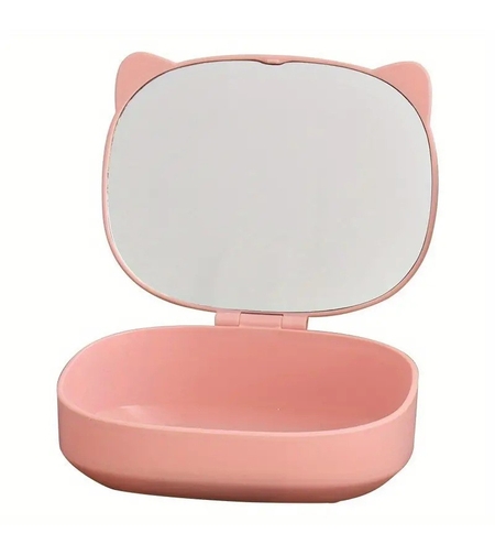 Cutie Organizatoare cu Oglinda, Flippy, 4 Compartimente, pentru Cosmetice si Accesorii, din ABS, 17x13x6 cm, Roz