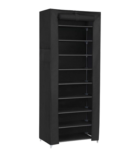 SONGMICS Dulap pentru pantofi din material textil, structura metalica, 10 niveluri, capacitate 27-35 perechi, 58x28x160 cm, negru
