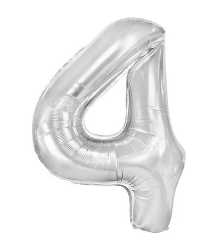 Balon din Folie Metalizata, Flippy, Figurina Cifra, Tema Aniversare 100 cm, Ambalaj Individual, Pai inclus, Umflare cu Aer sau Heliu, Argintiu, Cifra 4
