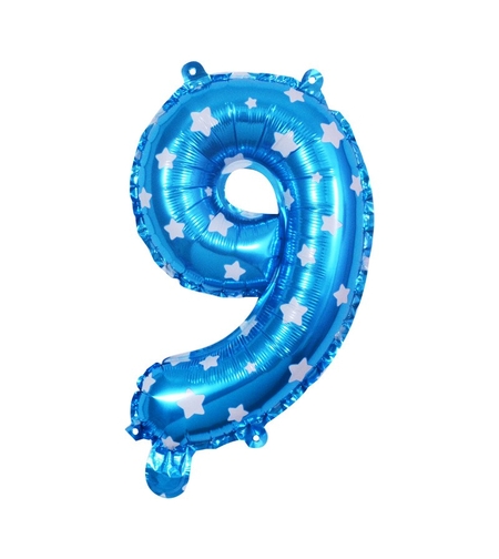 Balon din Folie Metalizata Flippy, Figurina Cifra, Imprimeu Stele, Tema Aniversare 80 cm, Ambalaj Individual, Pai inclus, Umflare cu Aer sau Heliu, Albastru, Cifra 9