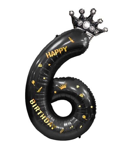 Balon din Folie Metalizata Flippy, Figurina Cifra si Coroana, Scris Happy Birthday, Tema Aniversare 100 cm, Ambalaj Individual, Pai inclus, Umflare cu Aer sau Heliu, Negru, Cifra 6