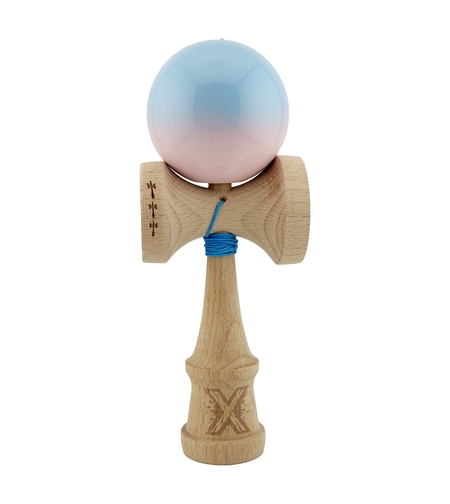 Kendama X Originala, Profesionala, Flippy, Big Cups V2, Super Sticky cu Cupe Mari, din lemn 18 cm, Rulment Metalic cu Ata 55 cm, Albastru deschis/Roz
