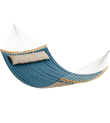 SONGMICS Hamac dublu cu bare curbate din bambus, perna inclusa, maxim 225 kg, 200x140 cm, albastru