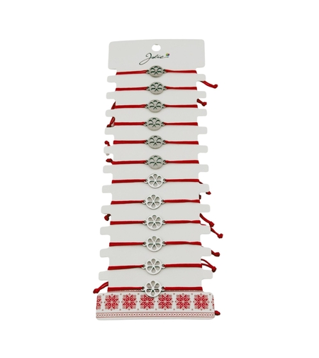 Bratara Martisor pentru Dama, Jolie, Model Floare in Cerc, Set 12 bucati, Pandativ Argintiu din Inox cu Snur Rosu Ajustabil