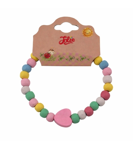 Martisor Bratara pentru Copii, Jolie, Pandativ Inimioara Roz, tip Elastica cu Margele din Lemn Colorate