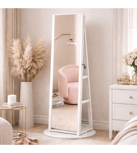 SONGMICS Oglinda de podea cu suport rotativ la 360°, cu spatiu de depozitare, material MDF, 55x55x162 cm, alb