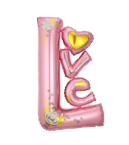 Balon din Folie Metalizata, Flippy, Figurine, Model LOVE, Tematica Iubire, 110x64 cm, Ambalaj Individual, Pai Inclus, Umflare cu Aer sau Heliu, Roz