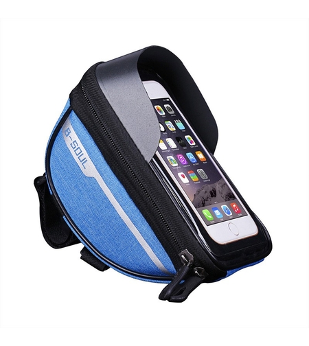 Borseta bicicleta impermeabila cu husa pentru telefon Flippy, montare pe ghidon, compatibila cu telefoane de pana la 16 cm, spatiu depozitare, 18.5x9.5 cm, albastru