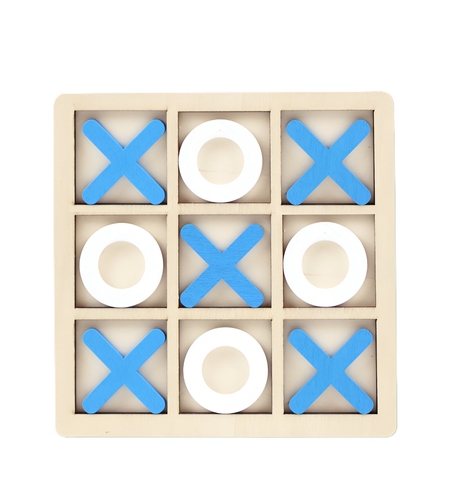 Jucarie Montessori Tic Tac Toe, Flippy, Educativa, Interactiva, din lemn, X si O, 9 Piese, 14.3x14.3 cm, Albastru Alb