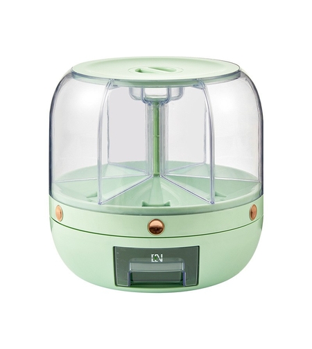 Dozator de cereale Flippy, rotativ 360, 6 compartimente, capacitate 6 L, rezistent la umezeala, inchidere etansa, verde deschis