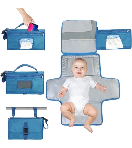 Geanta Multifunctionala, Vafy, Tip Aleza de Schimbat Scutece, Impermeabila, din Panza Oxford, cu Buzunare, Usor de Agatat, 30 x 20 cm, Albastru