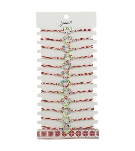 Bratara Martisor pentru Dama, Jolie, Model Inima Multicolora, Set 12 bucati, Pandativ Argintiu din Inox cu Elemente Multicolore, Snur Alb/Rosu