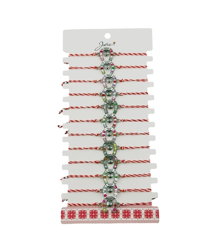 Bratara Martisor pentru Dama, Jolie, Model Potcoava, Set 12 bucati, Pandativ Argintiu din Inox cu Snur Alb-Rosu Ajustabil