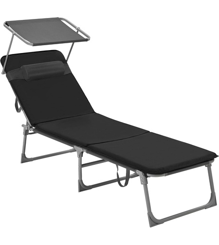 SONGMICS Sezlong pliabil cu saltea, parasolar si tetiera, spatar reglabil 4 pozitii, cadru metalic, 193x53x29 cm, maxim 150 kg, negru