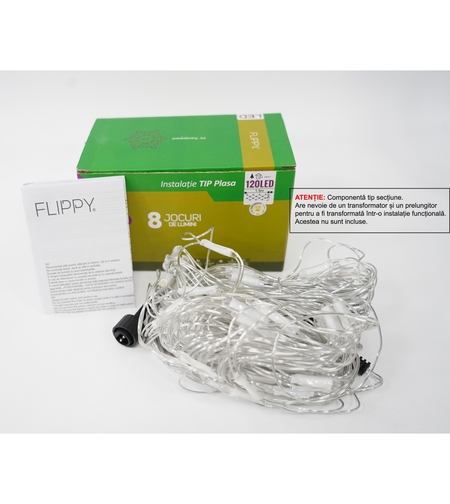 Sectiune Instalatie de Craciun Vafy, Tip Plasa, 120 LED-uri, 1.5 x 1.5 m, 8 jocuri de lumini, Interconectabila, Fir transparent, Alb cald