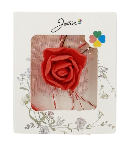 Martisor Motiv Floral, Jolie, Model Trandafir, cu Snur Alb/Rosu, 9 x 5 cm, Rosu