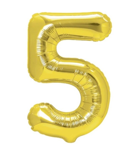 Balon din Folie Metalizata Flippy, Figurina Cifra, Tema Aniversare 100 cm, Ambalaj Individual, Pai inclus, Umflare cu Aer sau Heliu, Auriu, Cifra 5