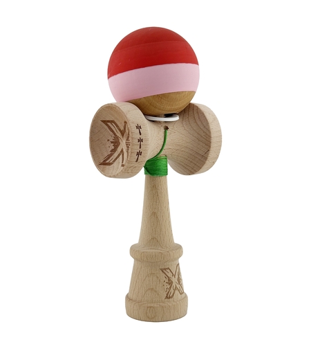 Kendama X Originala, Profesionala, Flippy, Rubber Grip, Cupe Mari KING SIZE V3, Gaura in Baza, Rulment Metalic, din lemn 18 cm, Ata 62/65 cm, Special Rosu/Roz/Maro