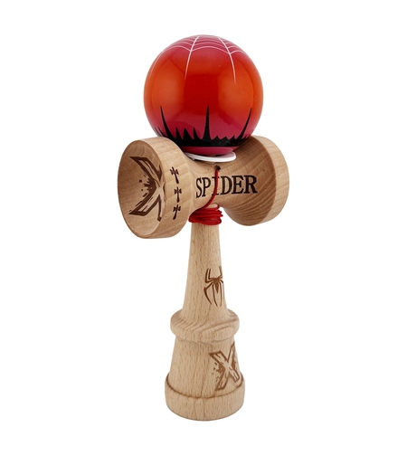 Kendama X Originala, Profesionala, Flippy, SPIDER KING, Super Sticky cu Cupe Mari KING SIZE V3, Gaura in Baza, Rulment Metalic, din lemn 18 cm, Ata 62/65 cm, Rosu/Maro